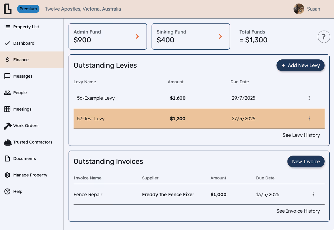 screnshot of the finance page in loma strata