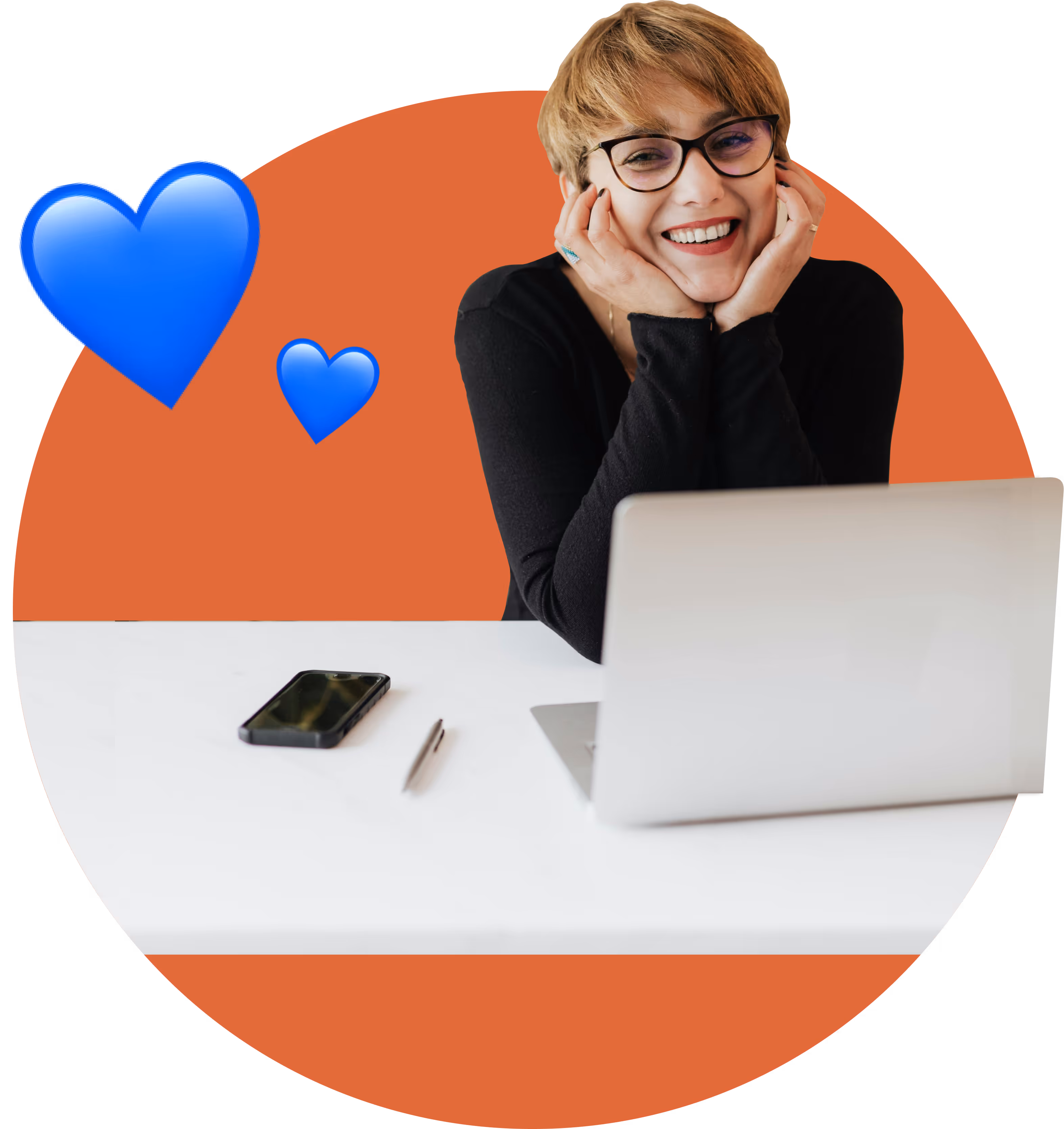 a smiling young woman at the computer with two blue love hearts on an orange circle backdrop