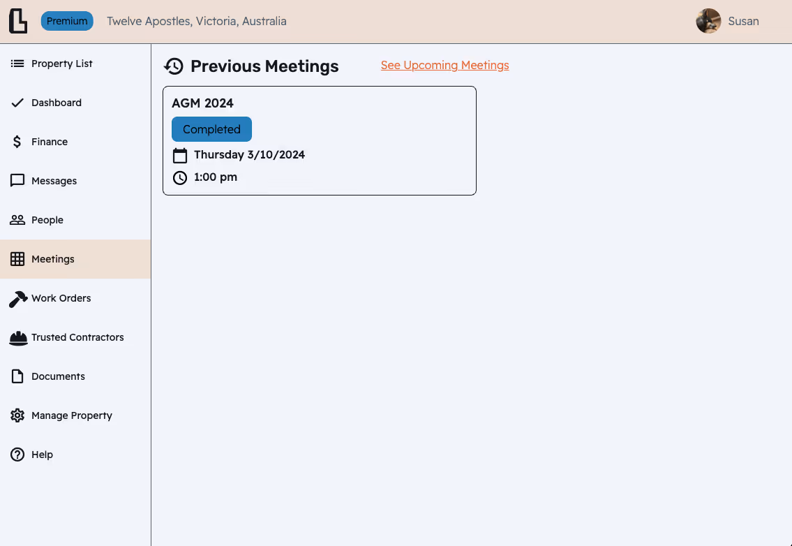 screenshot of meeting history in loma strata