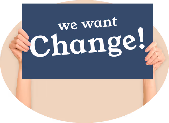 Decorative image of a couple hands holding a sign that says "We Want Chage"
